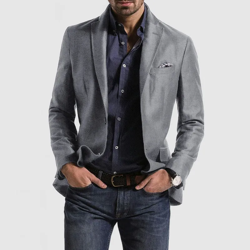Men's loose solid colour double button suit jacket in grey, front view, for casual leisure wear