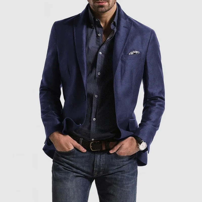 Men's loose solid colour double button suit jacket in grey, front view, for casual leisure wear