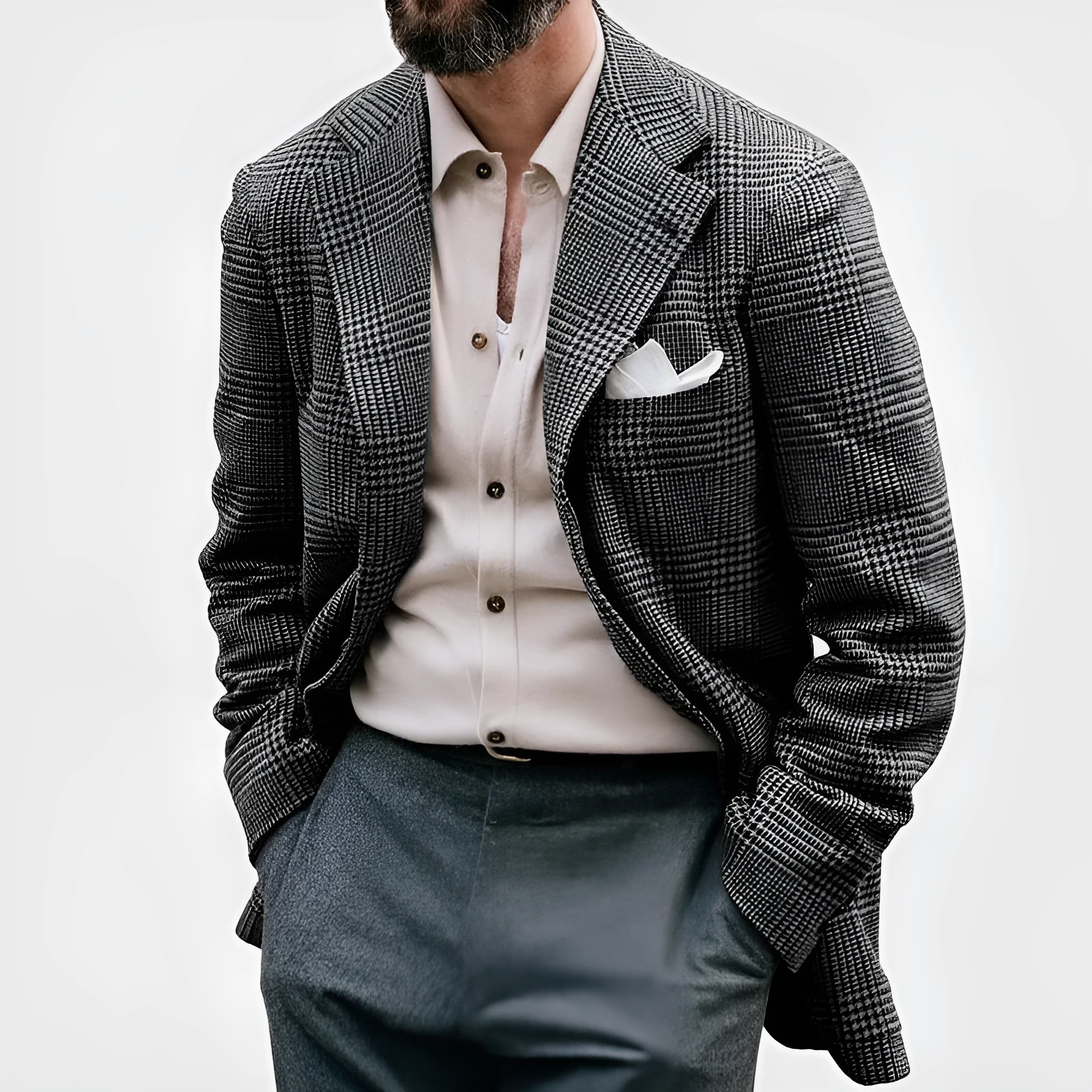 Men's loose solid colour double button suit jacket in grey, front view, for casual leisure wear
