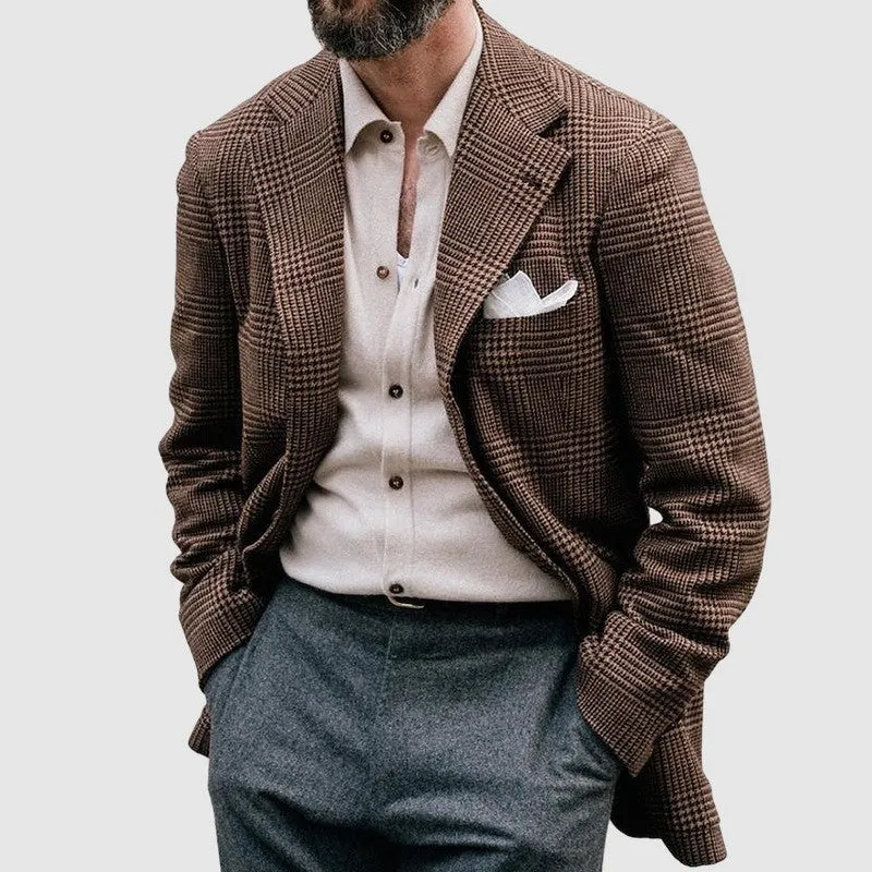 Men's loose solid colour double button suit jacket in grey, front view, for casual leisure wear