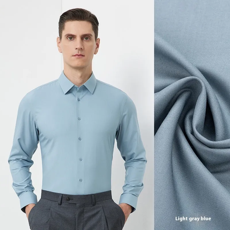 Men's light blue long-sleeved casual shirt with non-ironing bamboo polyester fabric on a hanger.