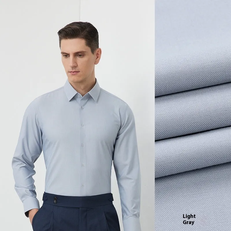 Men's light blue long-sleeved casual shirt with non-ironing bamboo polyester fabric on a hanger.