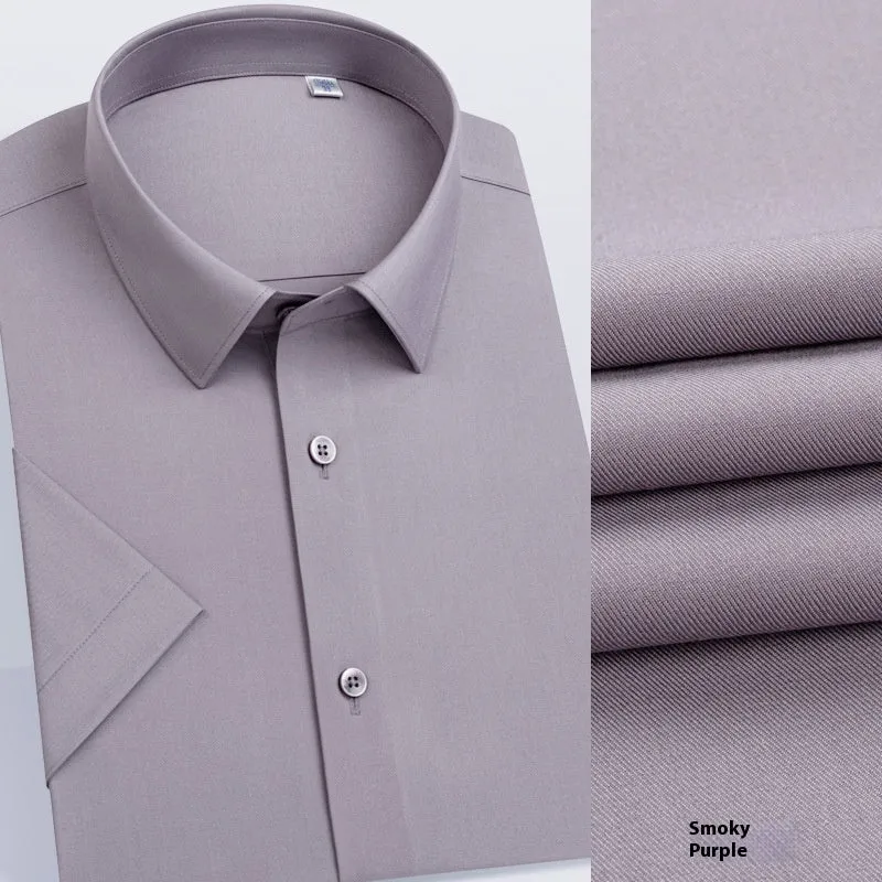 Men's light blue long-sleeved casual shirt with non-ironing bamboo polyester fabric on a hanger.