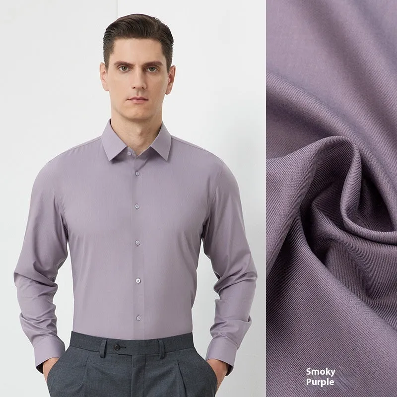 Men's light blue long-sleeved casual shirt with non-ironing bamboo polyester fabric on a hanger.