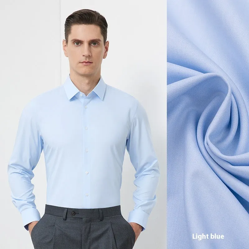 Men's light blue long-sleeved casual shirt with non-ironing bamboo polyester fabric on a hanger.