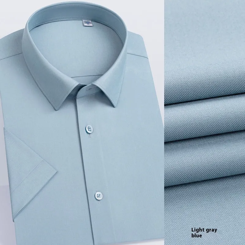 Men's light blue long-sleeved casual shirt with non-ironing bamboo polyester fabric on a hanger.