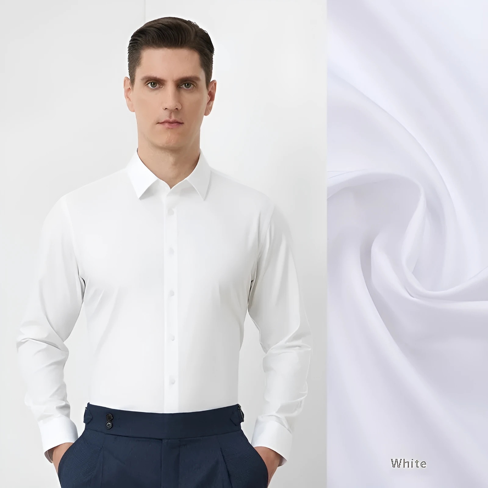 Men's light blue long-sleeved casual shirt with non-ironing bamboo polyester fabric on a hanger.