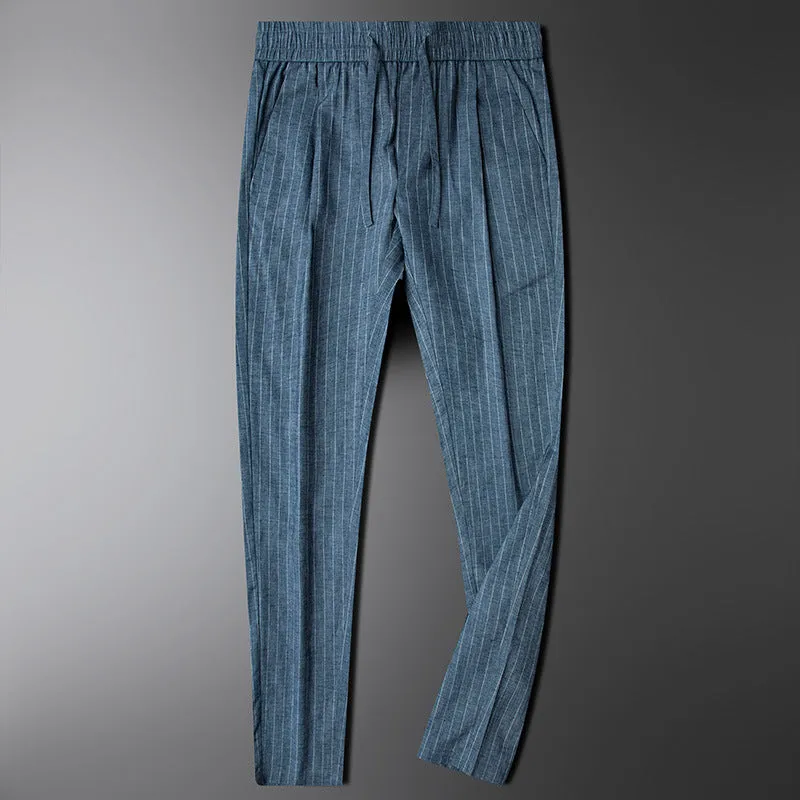 Cotton and linen casual pants for men with drawstring waist in blue gray colour