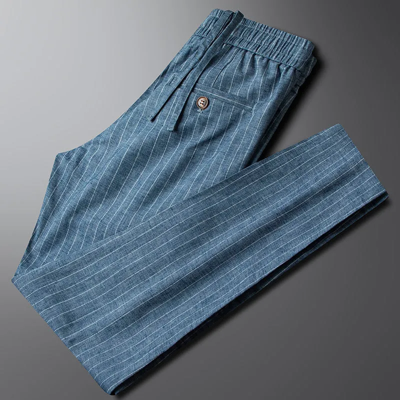 Cotton and linen casual pants for men with drawstring waist in blue gray colour