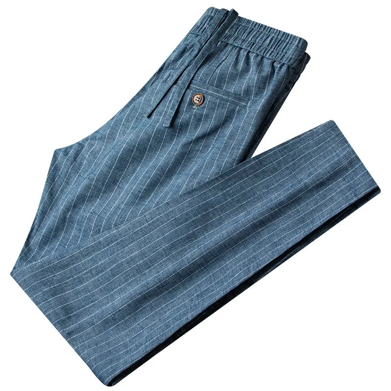 Cotton and linen casual pants for men with drawstring waist in blue gray colour