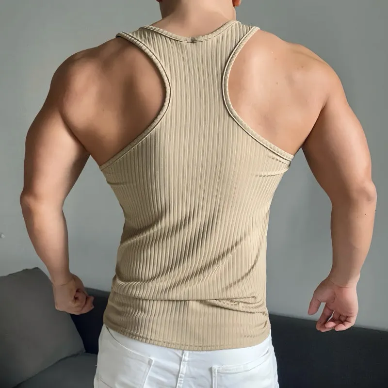 Men's solid color fitness vest slim fit quick-drying polyester spaghetti strap tank top in khaki, black, light blue, white, gray sizes M L XL