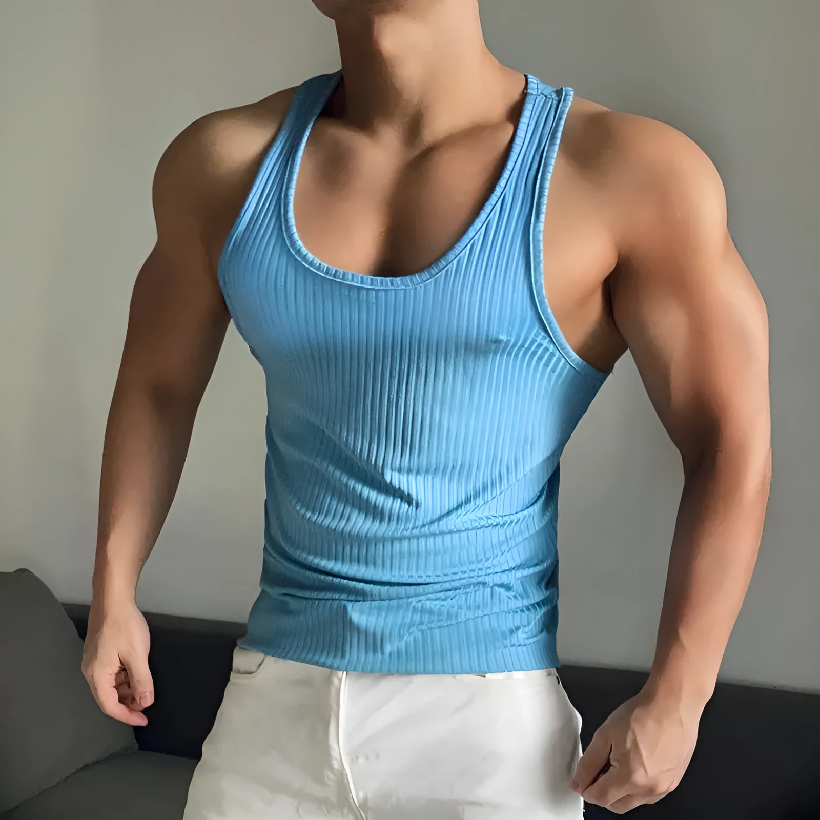 Men's solid color fitness vest slim fit quick-drying polyester spaghetti strap tank top in khaki, black, light blue, white, gray sizes M L XL
