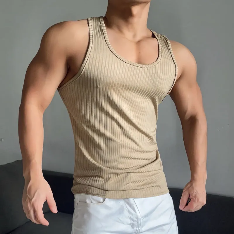 Men's solid color fitness vest slim fit quick-drying polyester spaghetti strap tank top in khaki, black, light blue, white, gray sizes M L XL