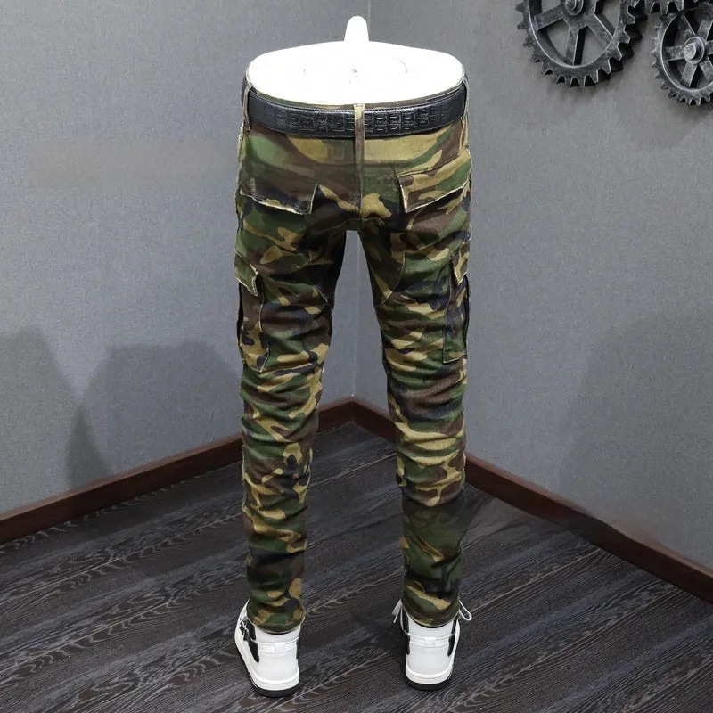 Men's camouflage broken hole jeans mid waist cotton trousers