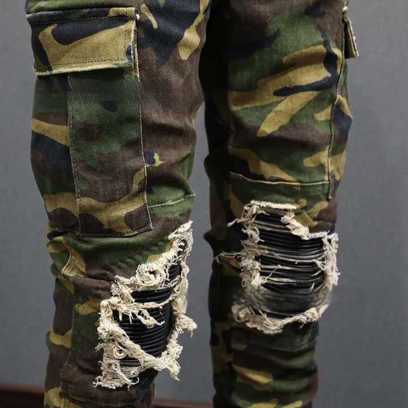 Men's camouflage broken hole jeans mid waist cotton trousers