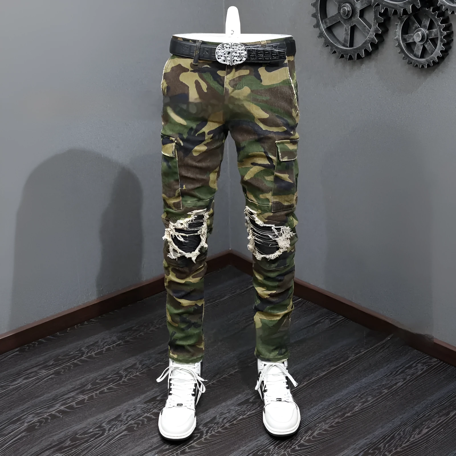 Men's camouflage broken hole jeans mid waist cotton trousers