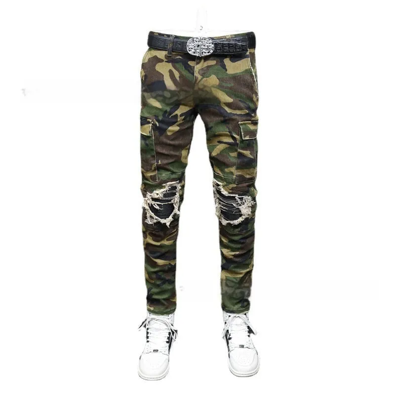 Men's camouflage broken hole jeans mid waist cotton trousers