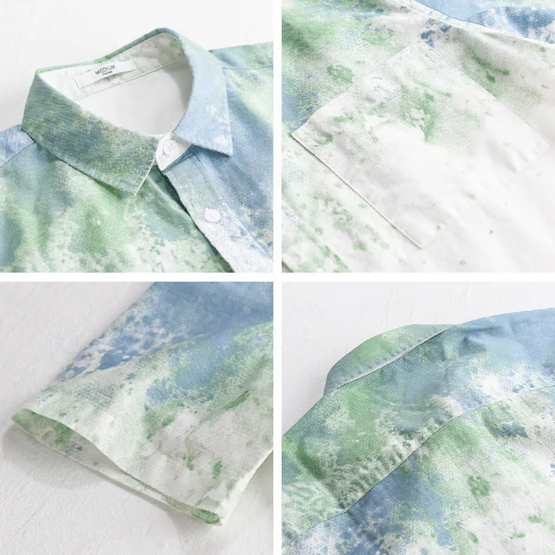 Mens grey hanging dyed pure cotton short-sleeved shirt with loose cardigan style on hanger