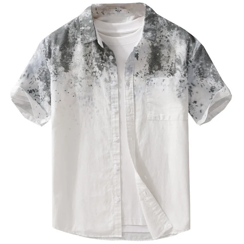Mens grey hanging dyed pure cotton short-sleeved shirt with loose cardigan style on hanger
