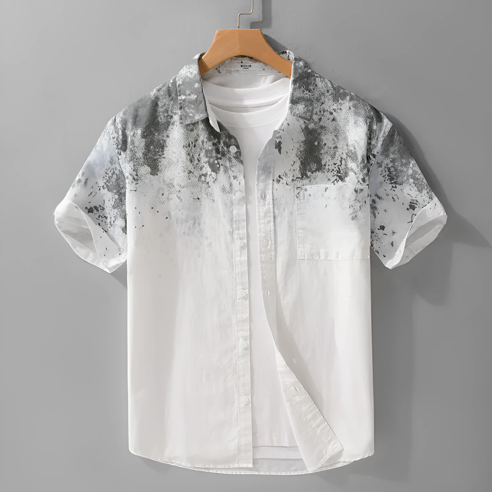 Mens grey hanging dyed pure cotton short-sleeved shirt with loose cardigan style on hanger