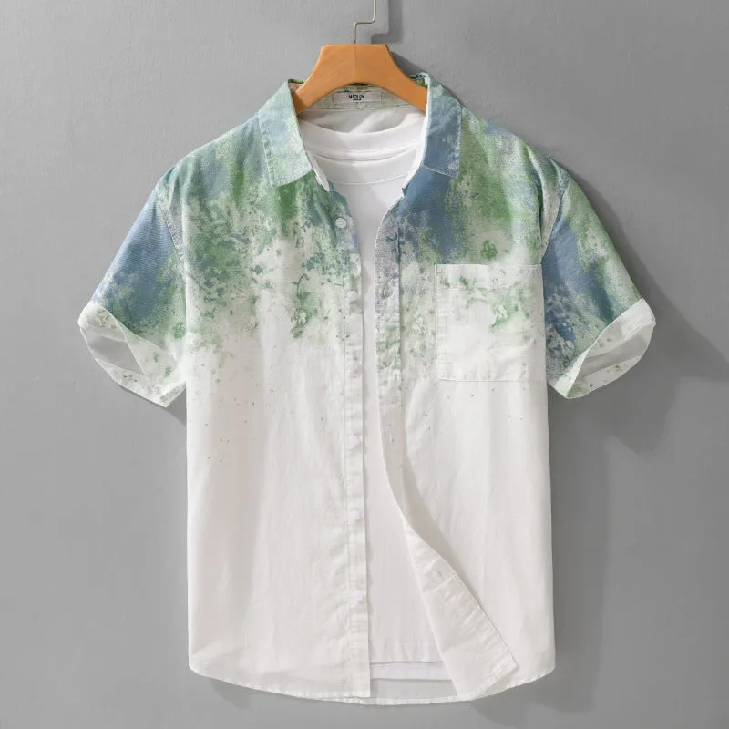Mens grey hanging dyed pure cotton short-sleeved shirt with loose cardigan style on hanger
