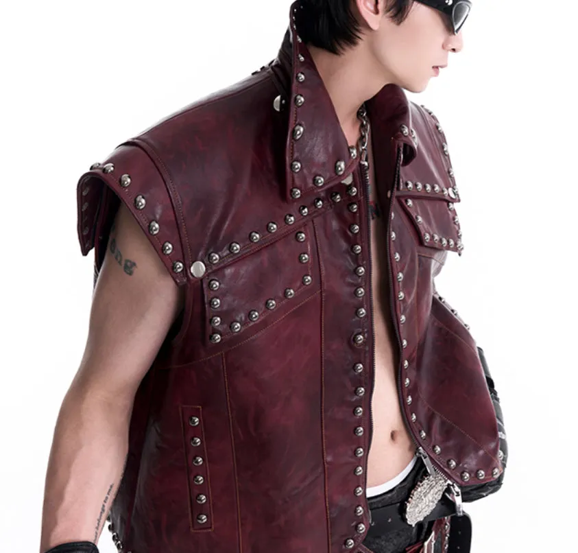 Red special-interest heavy industry rivets leather vest coat set with lapel collar and matching pants