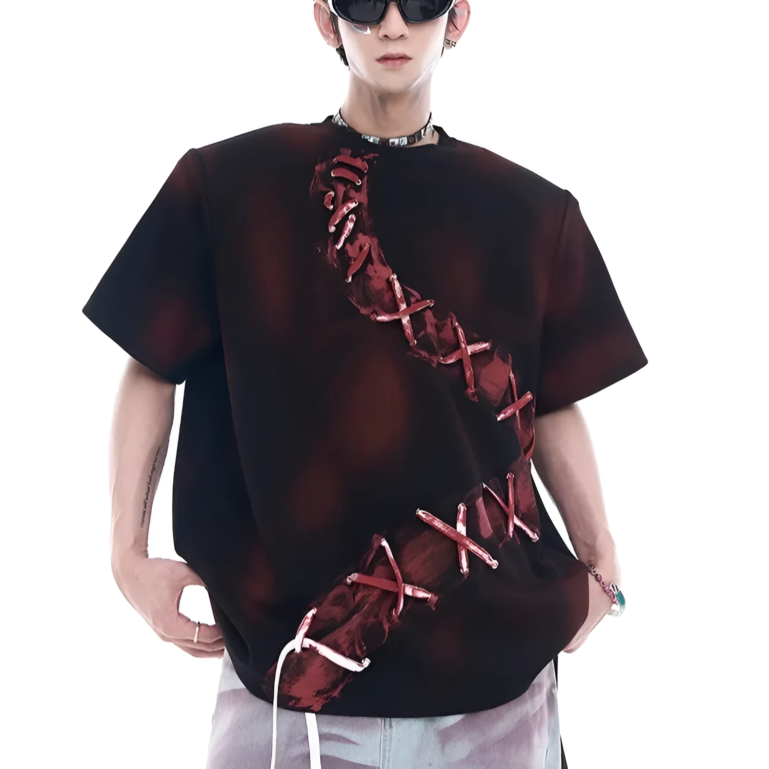 Red men's pure cotton loose fit drop shoulder T-shirt with short sleeves
