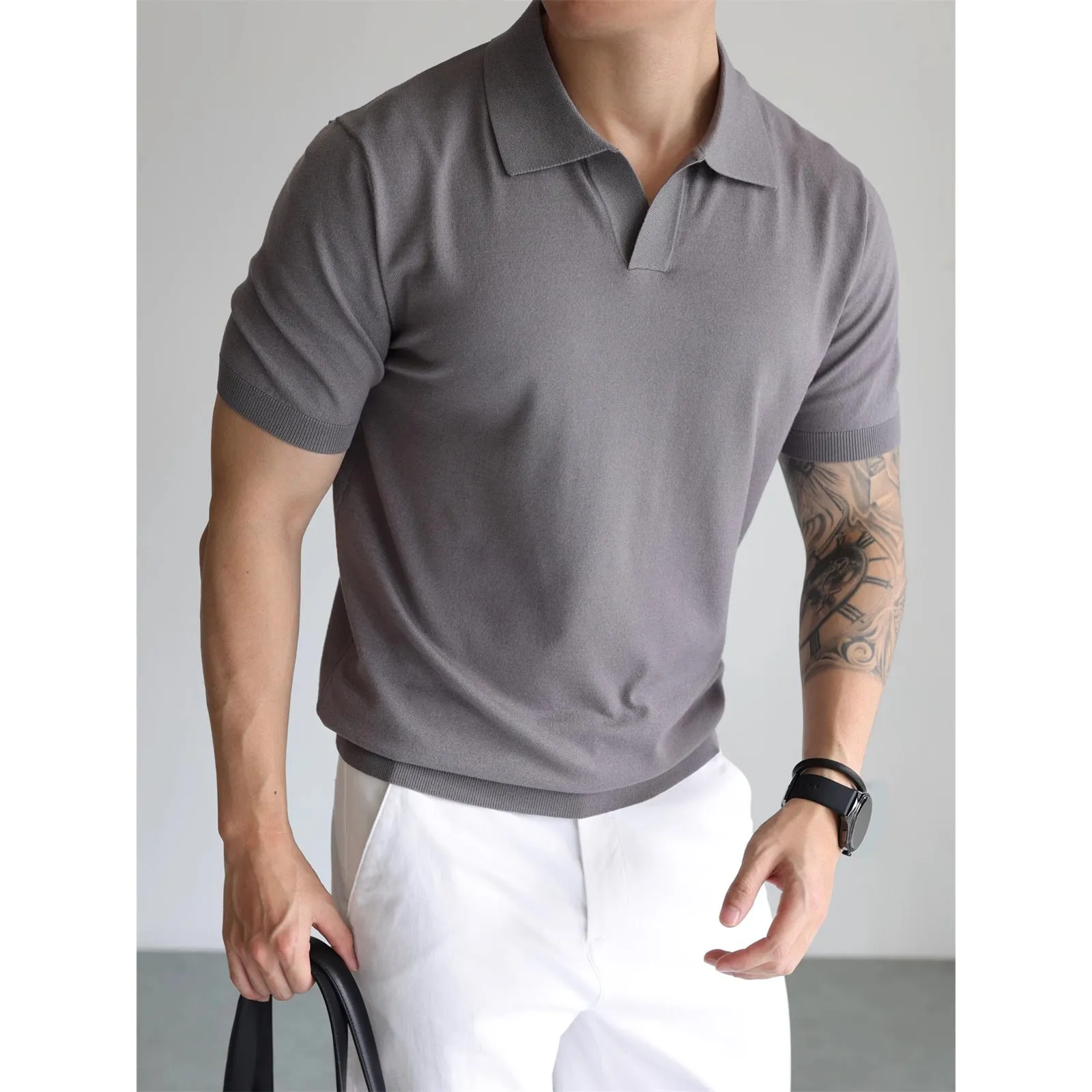 Men's British Business Summer Ice Silk T-shirt in loose fit, short sleeves, available in six colours including white and black