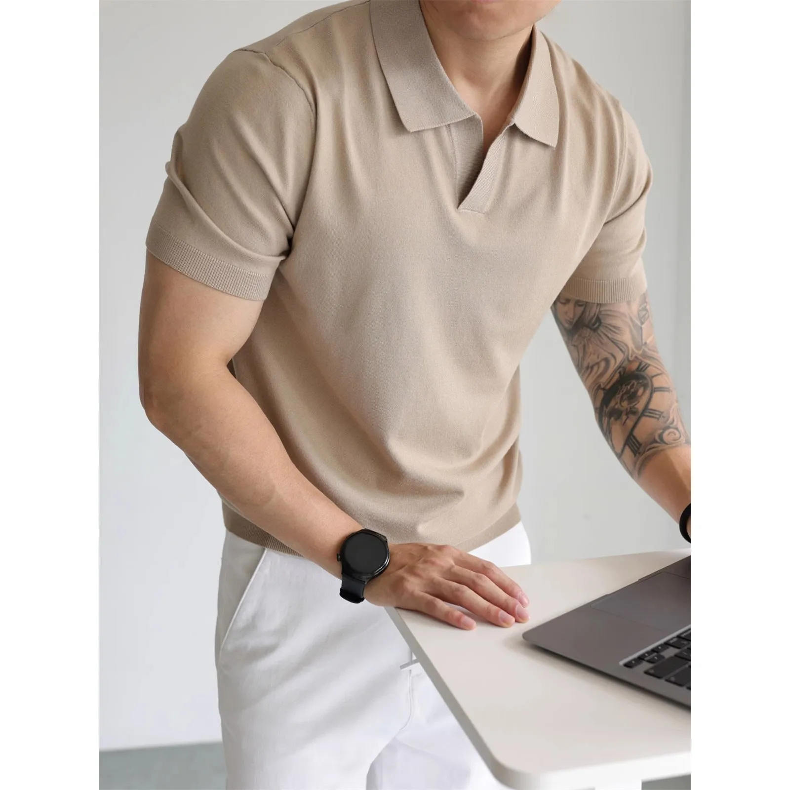Men's British Business Summer Ice Silk T-shirt in loose fit, short sleeves, available in six colours including white and black
