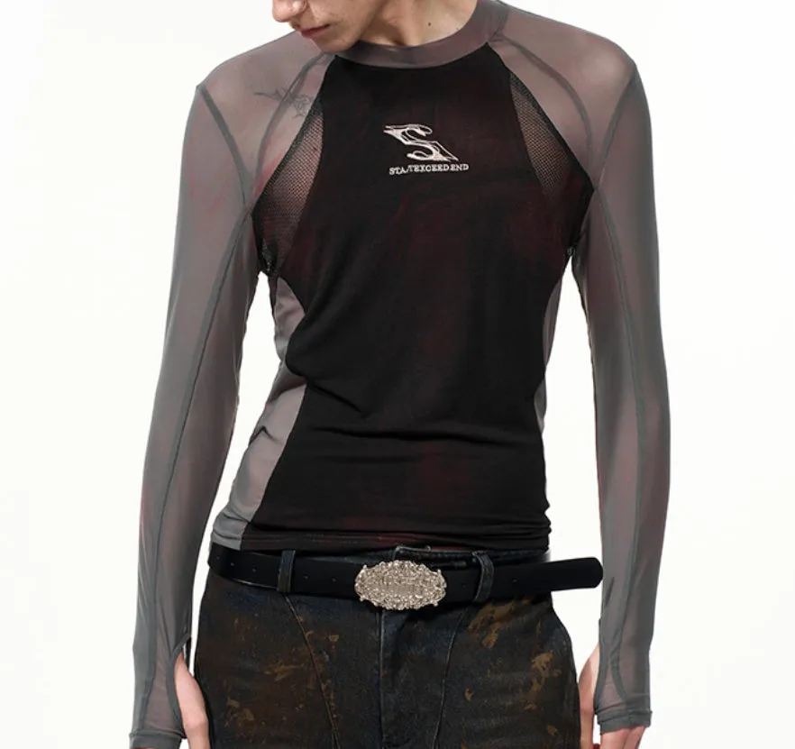 Women's tight mesh stitching long sleeve top in Korean style with round neck and regular length