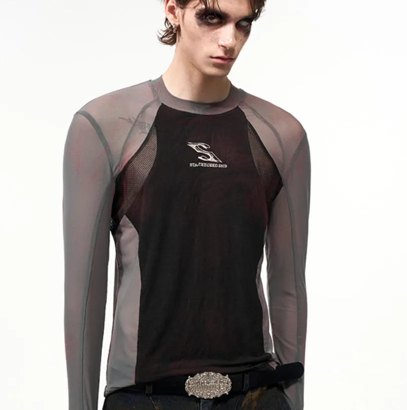 Women's tight mesh stitching long sleeve top in Korean style with round neck and regular length