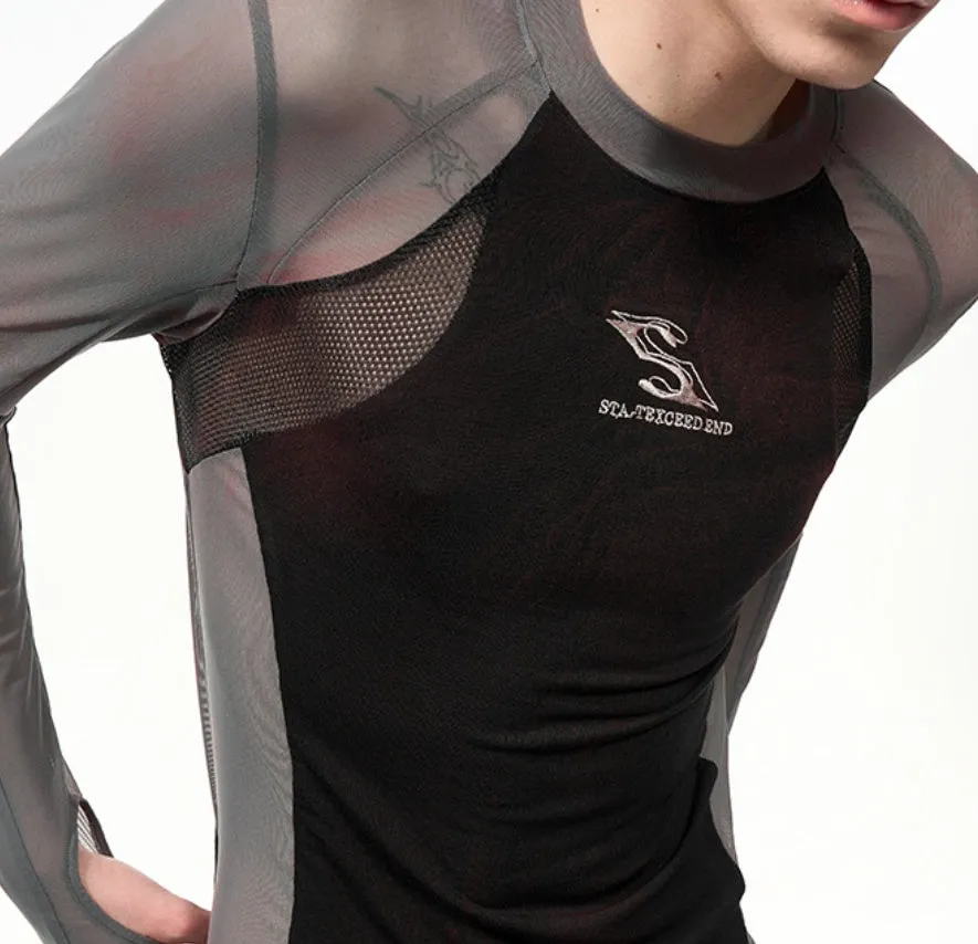 Women's tight mesh stitching long sleeve top in Korean style with round neck and regular length