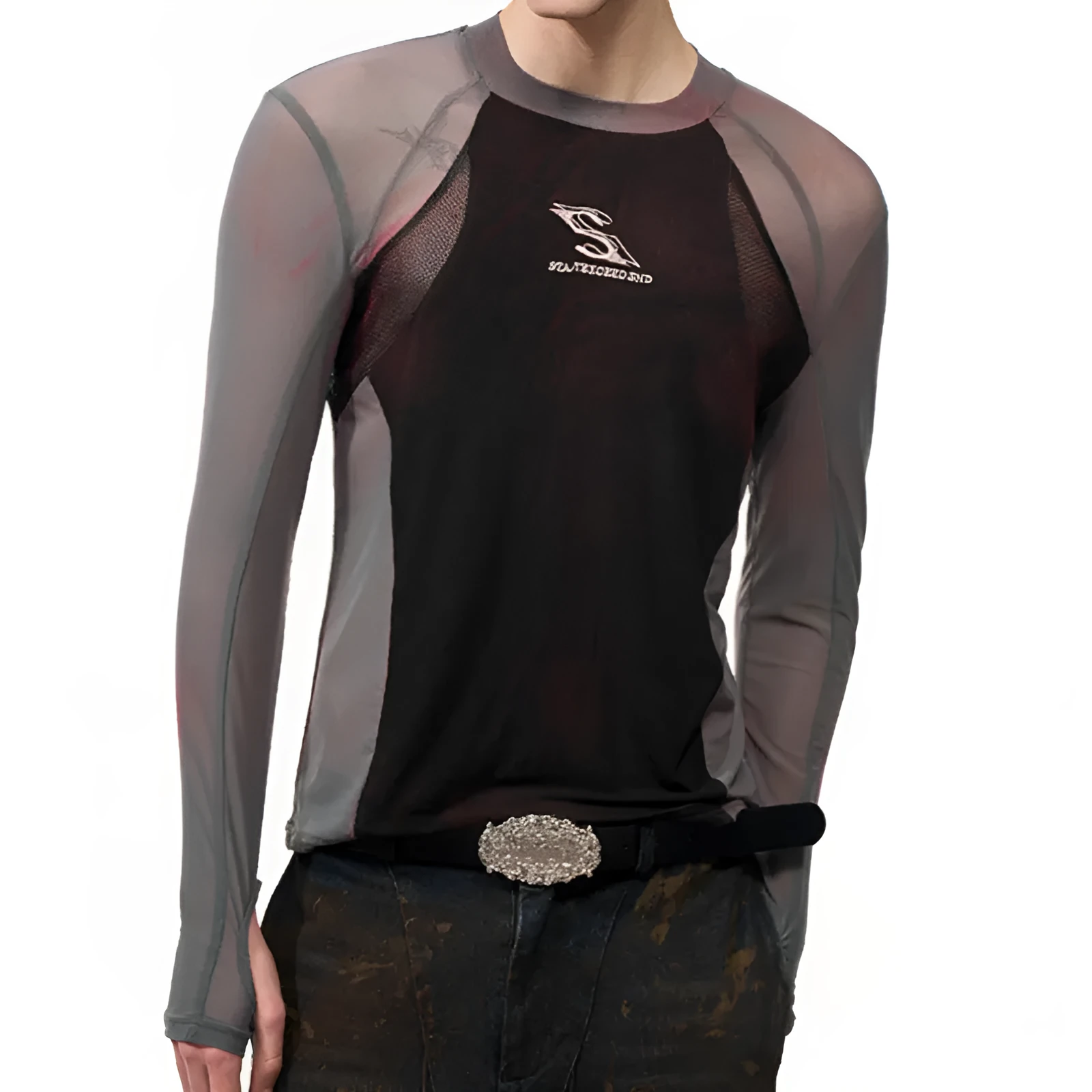 Women's tight mesh stitching long sleeve top in Korean style with round neck and regular length