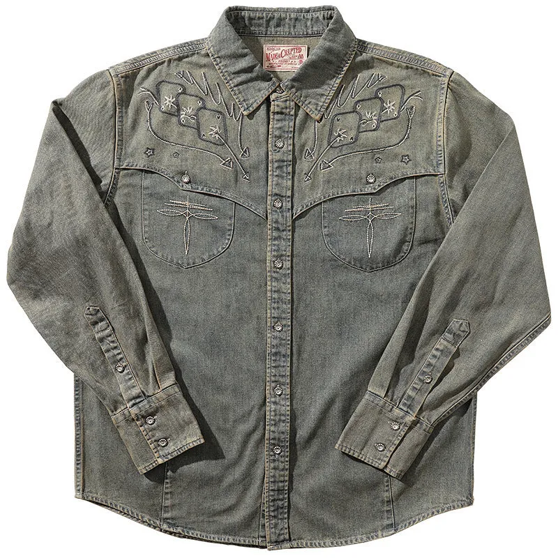 Aqua blue denim western shirt with geometric embroidery patterns and long sleeves