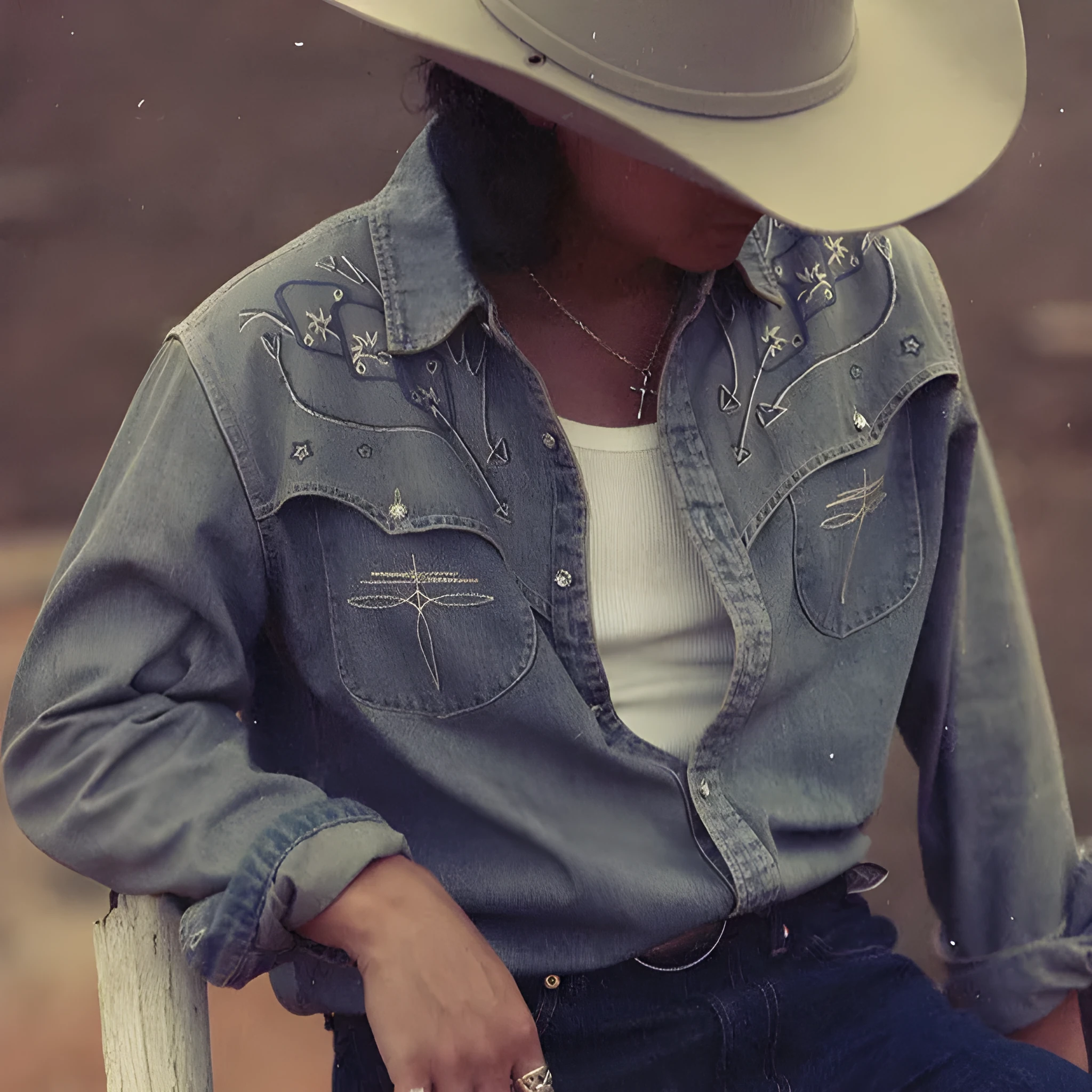 Aqua blue denim western shirt with geometric embroidery patterns and long sleeves
