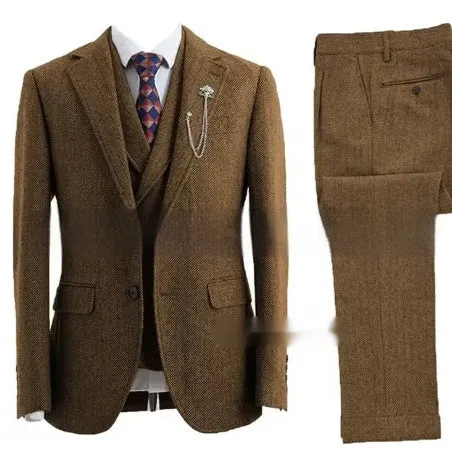 New men's casual three-piece suit in slim fit nylon fabric in brown colour