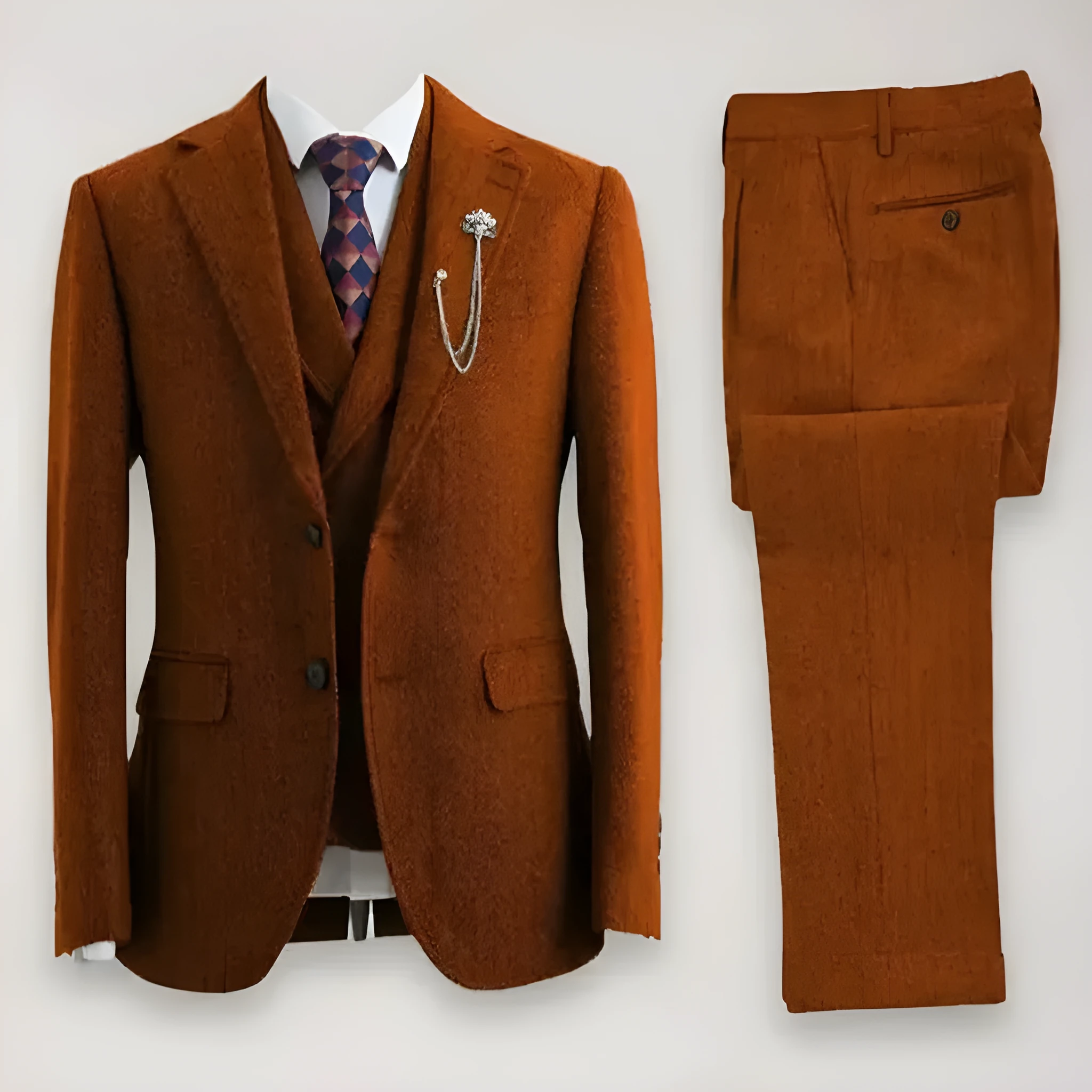 New men's casual three-piece suit in slim fit nylon fabric in brown colour