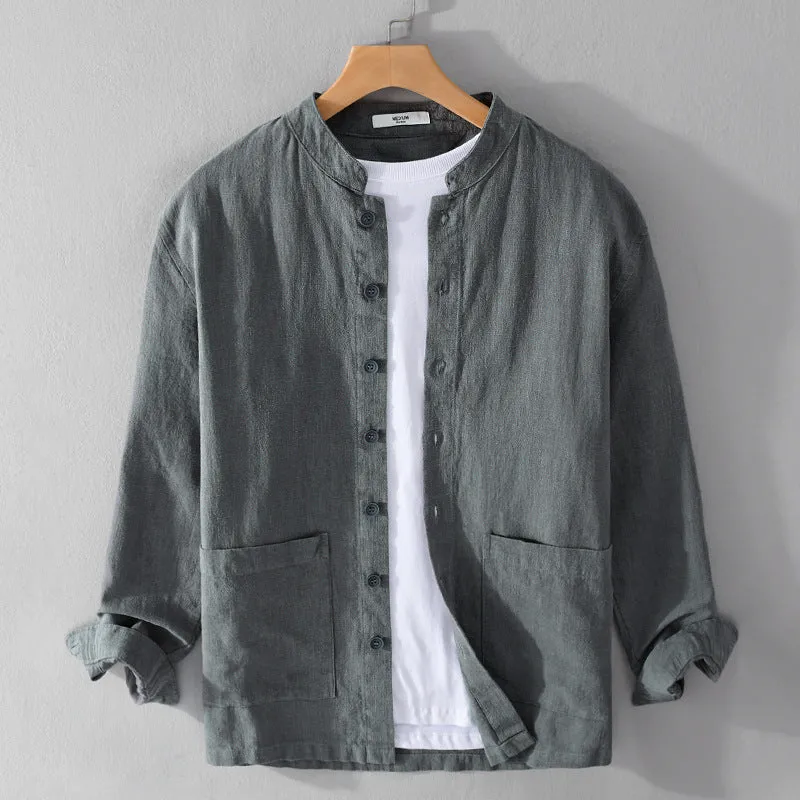 Men's retro stand collar Chinese knot button shirt coat in khaki loose fit cardigan