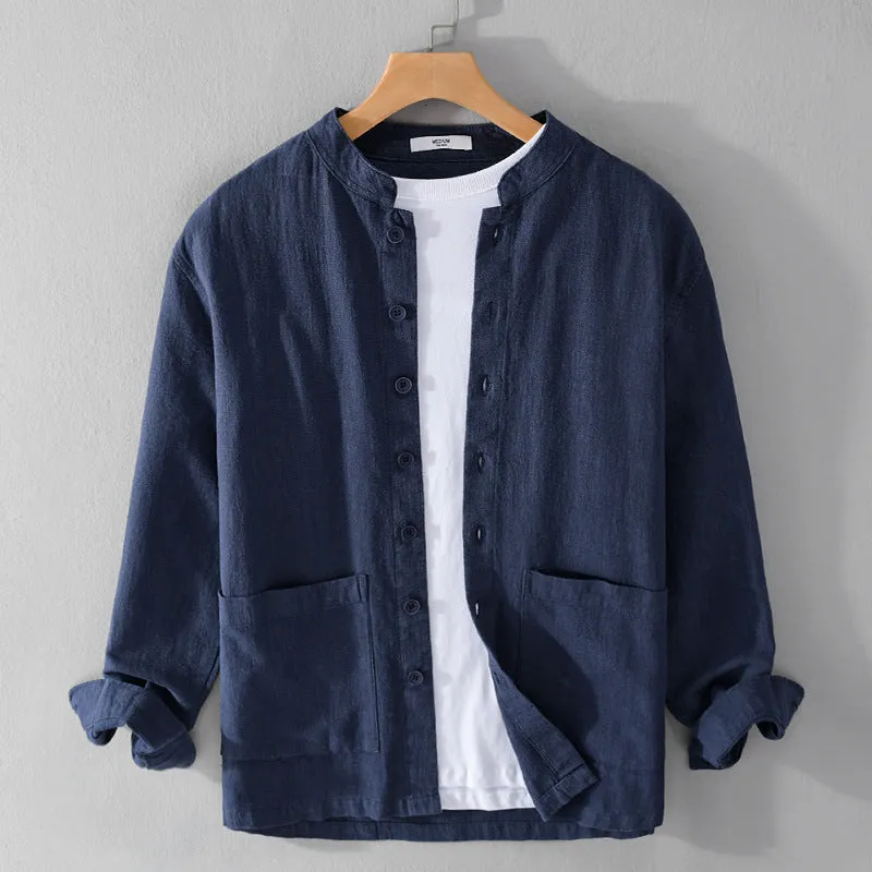 Men's retro stand collar Chinese knot button shirt coat in khaki loose fit cardigan