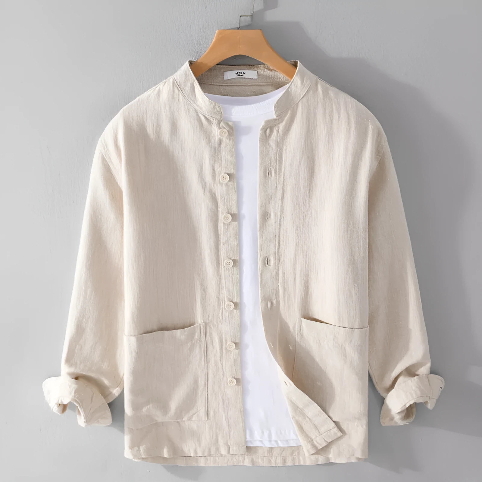 Men's retro stand collar Chinese knot button shirt coat in khaki loose fit cardigan