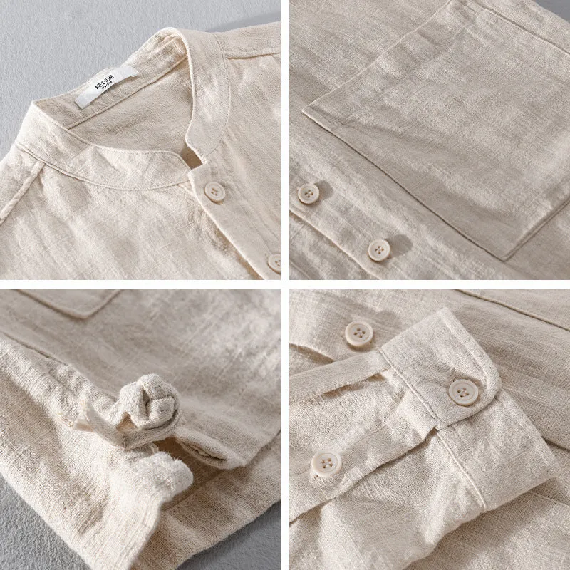 Men's retro stand collar Chinese knot button shirt coat in khaki loose fit cardigan