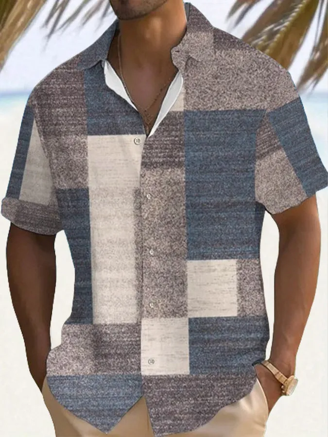 Retro men's plaid polyester shirt in blue with cardigan style loose fit