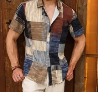 Retro men's plaid polyester shirt in blue with cardigan style loose fit