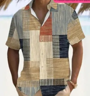 Retro men's plaid polyester shirt in blue with cardigan style loose fit