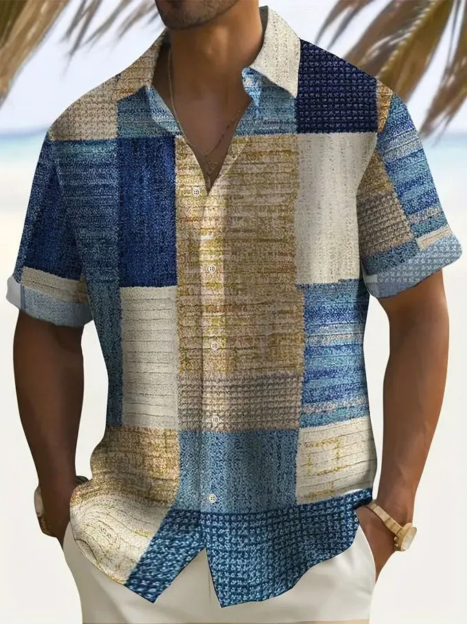Retro men's plaid polyester shirt in blue with cardigan style loose fit