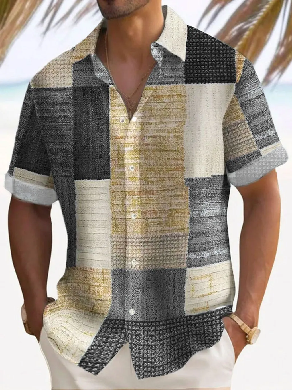 Retro men's plaid polyester shirt in blue with cardigan style loose fit