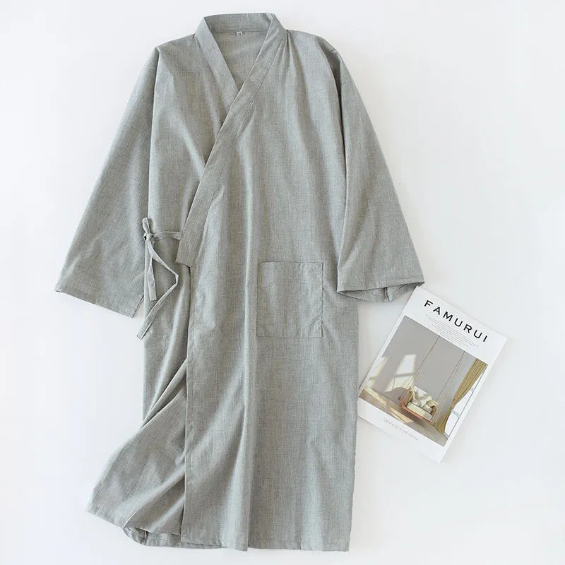 Men's woven cotton grey gauze mid-length nightgown home bathrobe summer lounging wear