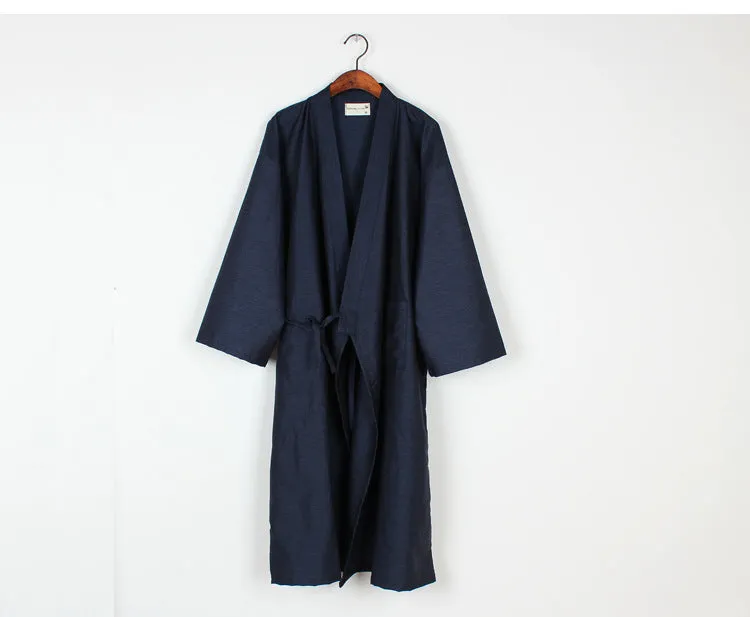 Men's woven cotton grey gauze mid-length nightgown home bathrobe summer lounging wear