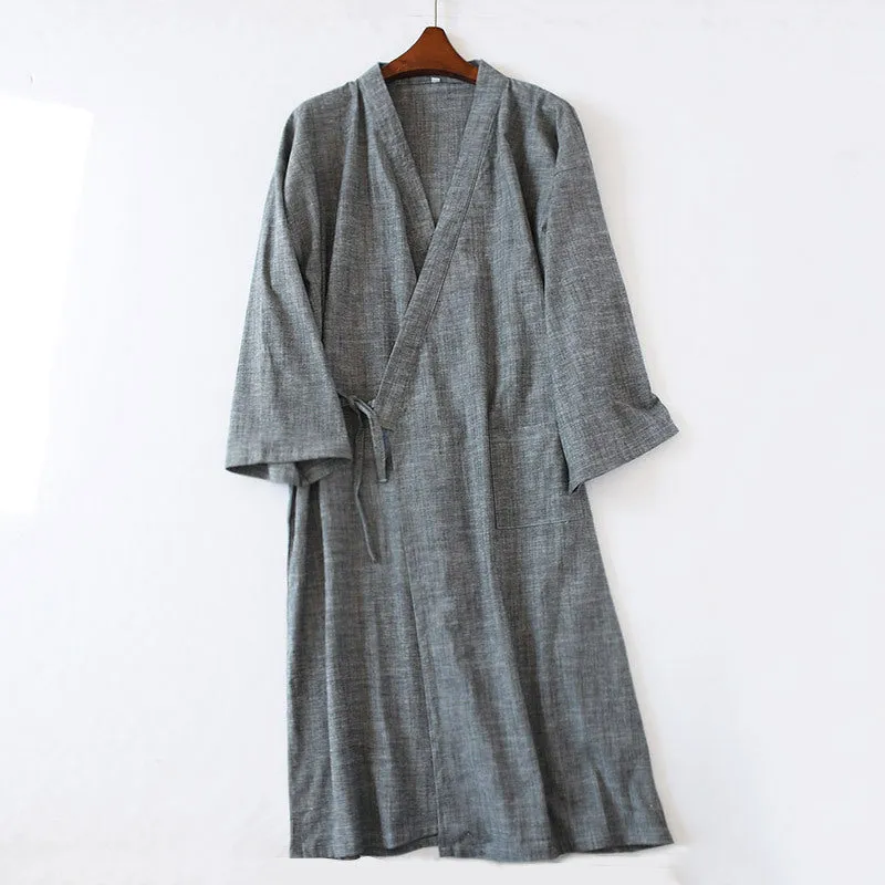 Men's woven cotton grey gauze mid-length nightgown home bathrobe summer lounging wear