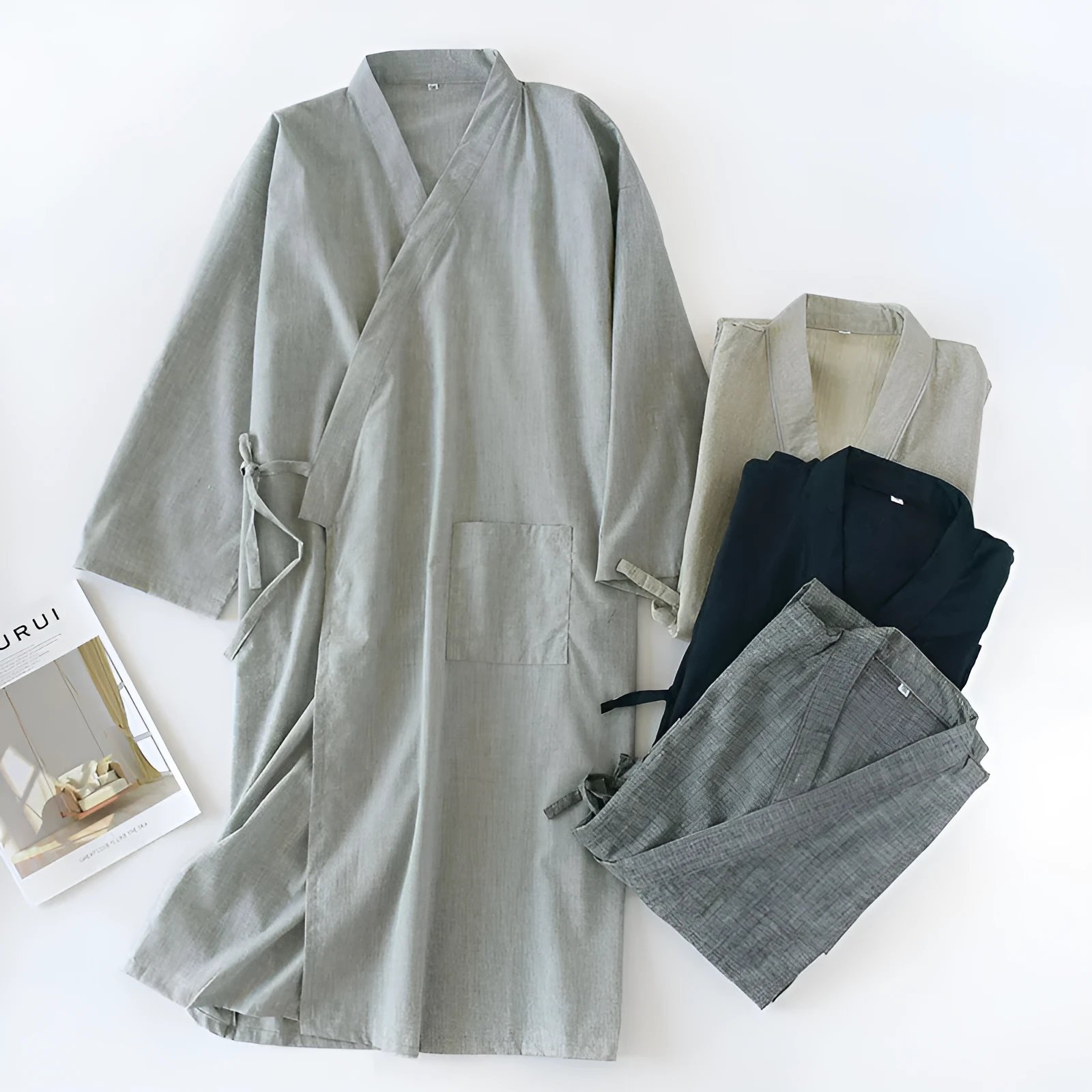 Men's woven cotton grey gauze mid-length nightgown home bathrobe summer lounging wear